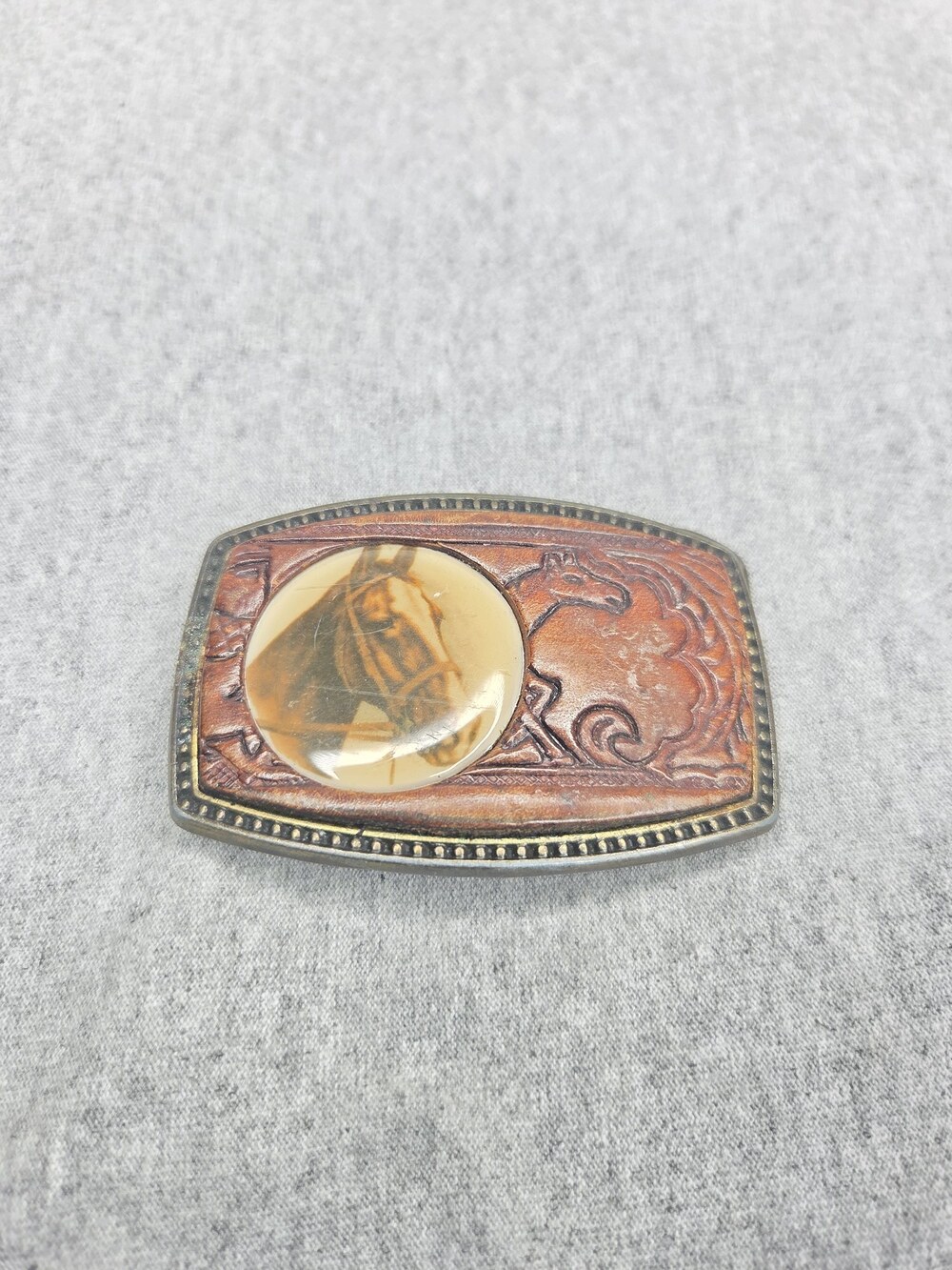 Vintage Alumaline Hand Tooled Leather Belt Buckle Horse Stallion Equestrian